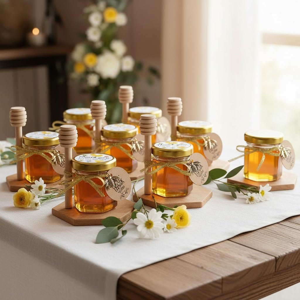 Mini tarros de cristal vacíos para rellenar con miel o mermelada en bodas.